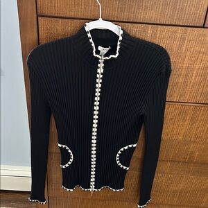 CACHE Black Zippered-front Sweater with White Grosgrain Piping & Jet Beads. Lg.
